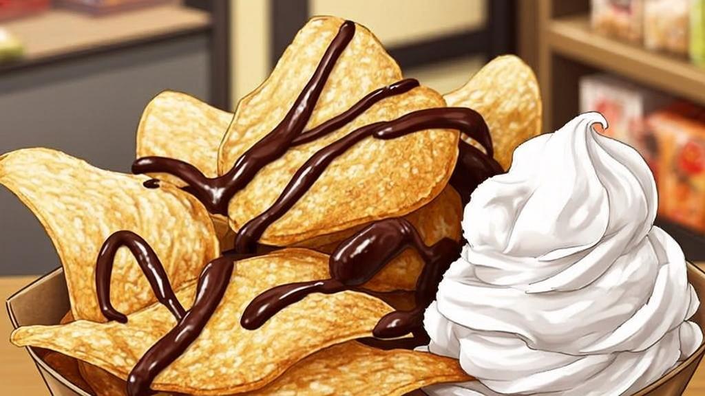 Fresh hot potato chips with chocolate drizzle