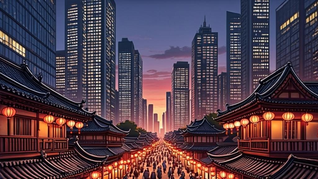 Tenjin yatai with modern city backdrop