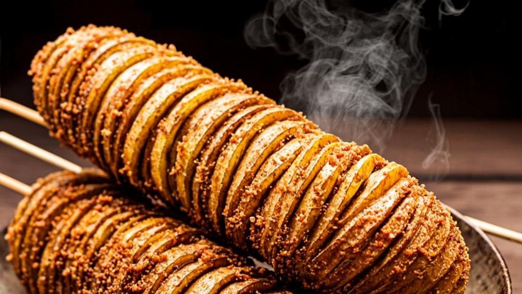 Spiral-cut tornado potato on a stick