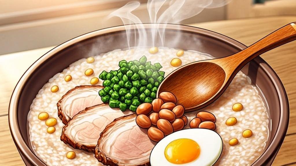 Chinese rice porridge congee in ceramic bowl topped with pickled vegetables peanuts and century egg