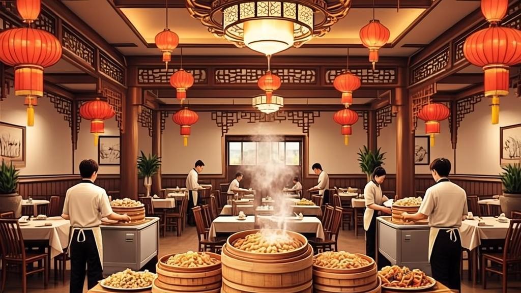 Elegant Cantonese dim sum restaurant interior with traditional Chinese decor