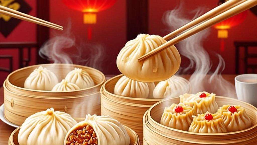 Delicious Chinese dim sum spread with steaming bamboo steamers