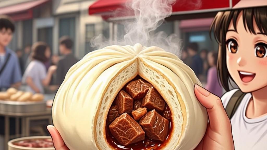 Fluffy steamed pork buns nikuman held in hands with steam rising from warm bun