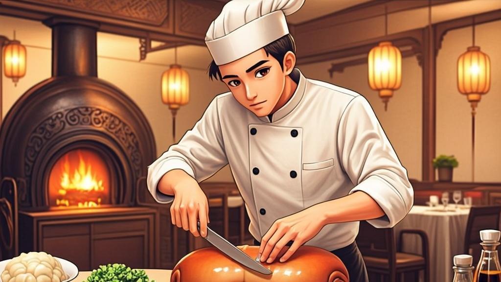 Peking duck with crispy glistening golden skin being carved at tableside