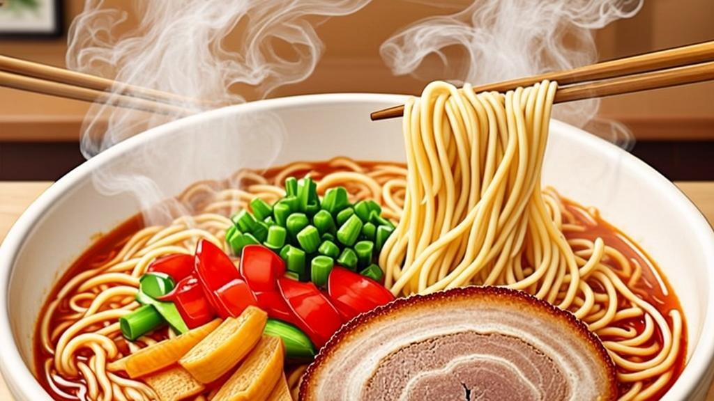 Sanmamen Yokohama original ramen with thin noodles topped with stir-fried vegetables and pork