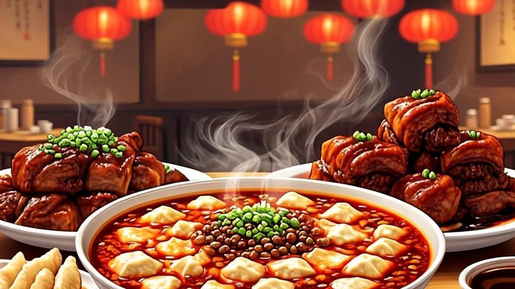 Spicy Szechuan cuisine with mapo tofu red chili oil and crispy gyoza dumplings