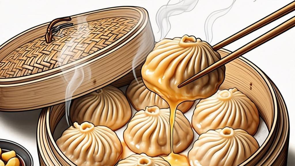 Xiaolongbao soup dumplings in bamboo steamer with black vinegar and ginger