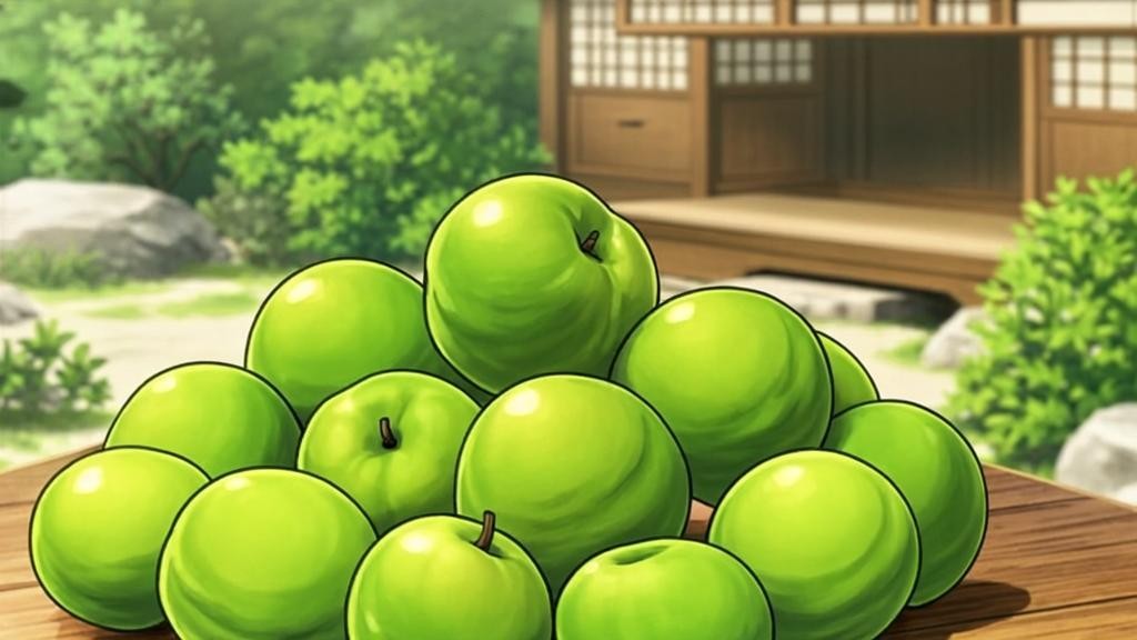 Fresh green ume fruits being prepared for umeshu production
