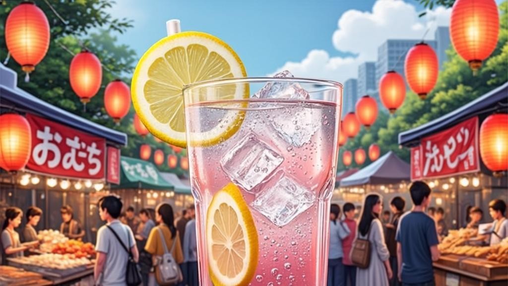 Refreshing umeshu soda cocktail with ice and lemon garnish