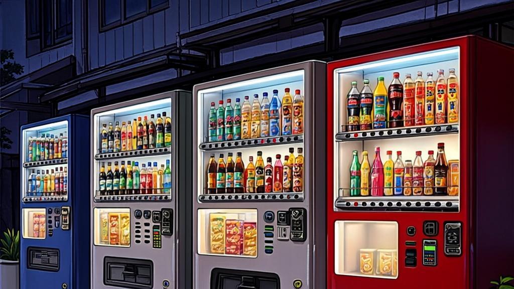 Japanese vending machines glowing at night